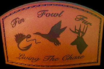 Decorative sign with hunting-themed graphics and text on a brown background